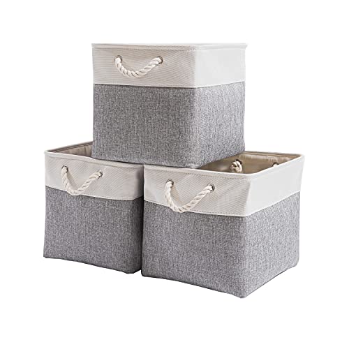 Mangata Cajas Almacenaje, 33 x 38 x 33 cm Cestas almacenaje de Lona Engrosada Plegable con Asas de Cuerda para Ropa, Juguetes (Gris/Blanco, 3 Pack)