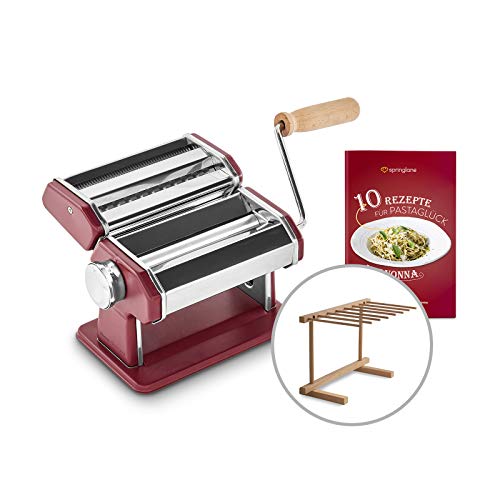 Máquina de fideos manual Nonna, Acero inoxidable, Máquina para hacer pasta, incluye secador de pasta y 3 accesorios para cortar espaguetis, lasaña, tallarines - rojo