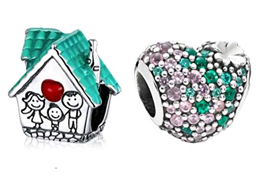Mar's Designs - 2 Charms Pandora Style Casa Familiar y Corazón con Cristales Plata de Ley | Regalos originales para mujer | Colgantes Compatibles Pulsera Pandora Charm Plata | Regalos para madre