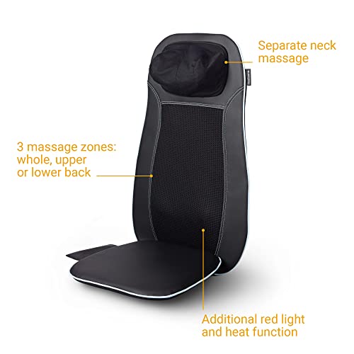 medisana MCN Almohadilla de masaje Shiatsu para la espalda y el cuello, almohadilla de asiento de masaje con masaje puntual, masaje de cuello, función de calor, 3 intensidades, función de luz roja