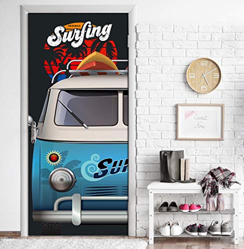 MEGADECOR Vinilo Adhesivo Decorativo para Puertas. 83cm x 204cm, Camper con Tablas De Surf Y Logotipo De Surf Ilustrado