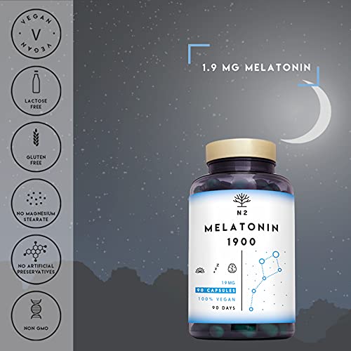 Melatonina 1,9 mg con 5-HTP, Vitamina B6, Griffonia. Natural y Vegano. Alta Dosis. Ayuda con el insomnio, trastornos del sueño. Pastillas para dormir, Ansiedad. 90 Capsulas N2 Natural Nutrition