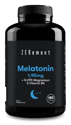 Melatonina 1,95 mg con 5-HTP, Magnesio y Vitamina B6, 180 Cápsulas | Ayuda con el insomnio o trastornos del sueño | Vegano, No-GMO, GMP, libre de aditivos, sin Gluten | de Zenement