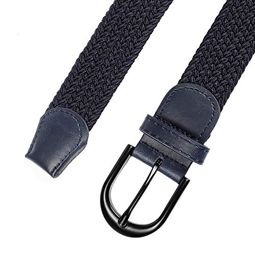 Mile High Life Cinturón elástico trenzado elástico con pasador ovalado Hebilla completa de cuero negro con hombre/mujer / extremo júnior (Azul marino, medio 81cm-86cm (101.5cm de longitud))