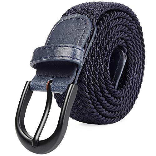 Mile High Life Cinturón elástico trenzado elástico con pasador ovalado Hebilla completa de cuero negro con hombre/mujer / extremo júnior (Azul marino, medio 81cm-86cm (101.5cm de longitud))