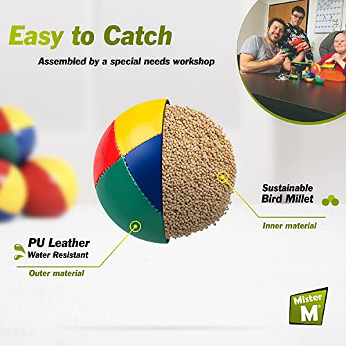Mister M | Set con 5 Bolas de Malabares Fáciles de agarrar | Revestimiento Impermeable y Acolchado ecológico | Apto para Principiantes y Expertos | con App y videotutorial Online