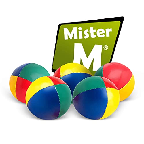 Mister M | Set con 5 Bolas de Malabares Fáciles de agarrar | Revestimiento Impermeable y Acolchado ecológico | Apto para Principiantes y Expertos | con App y videotutorial Online