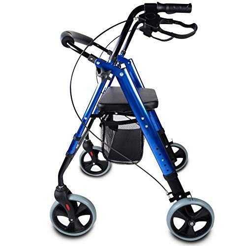 Mobiclinic, Modelo Hércules, Rollator para ancianos y minusválidos, andador para mayores, de aluminio, ligero, cesta, frenos en los puños, plegable, con asiento y 4 ruedas, azul