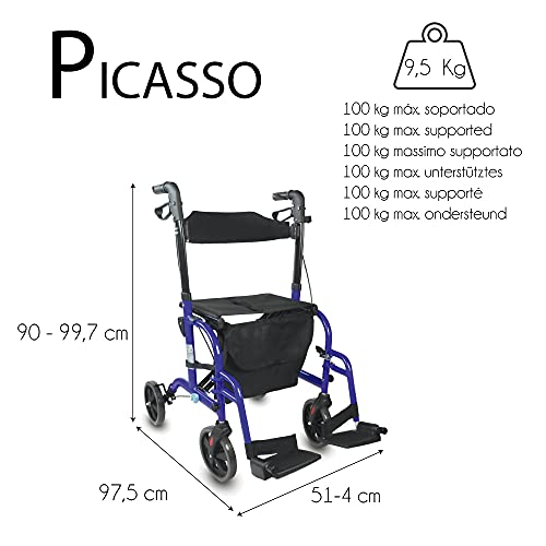 Mobiclinic, Modelo Picasso, Andador para mayores, minusválidos, adultos o ancianos, rollator, caminador, andador, aluminio, ligero, plegable, con asiento y 4 ruedas, azul