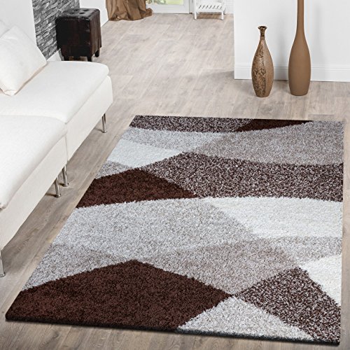 Moderna alfombra Shaggy Vigo con estampado en marrón, beige y crema, polipropileno, marrón, 160 x 220 cm