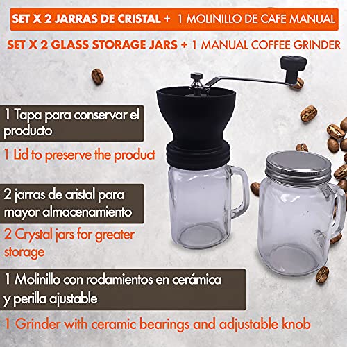 Molinillo café + 2 jarras de cristal (Maquina de cafe). Rodamientos especiales en cerámica para una mejor molienda. Diseño exclusivo, elegante y fácil de usar.