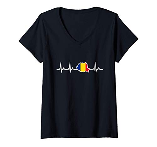 Mujer Bandera Rumana Romania Latido del Corazón Rumania Camiseta Cuello V
