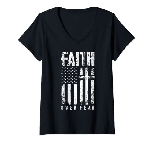 Mujer Faith Over Miedos Cristian Cross American Bandera Gimnasio Camiseta Cuello V