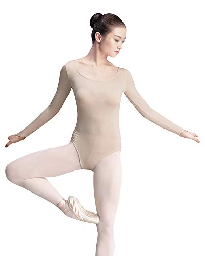 Mujer Maillot De Danza Manga Larga Slim Fit Gimnasia Ballet Leotardo Color Carne Traje De Cuerpo Bata Desnudo 2Xl
