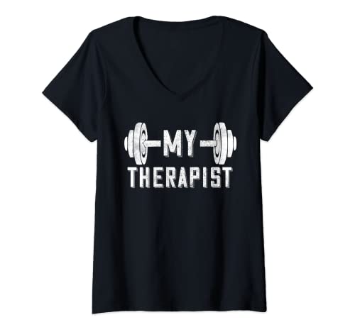 Mujer My Therapist Barra Pesas Powerlifting Fitness Bodybuilding Camiseta Cuello V