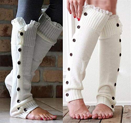 Mujeres calentador de piernas regalos calcetines de punto botón Crochet polainas encaje botas Toppers, blanco