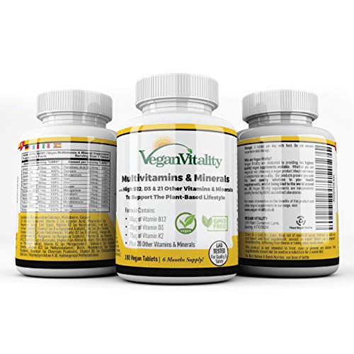 Multivitaminas y minerales veganos con vitamina B12, D3 y K2 de alta resistencia. 180 tabletas multivitamínicas - 6 meses de suministro. Diseñado para veganos y vegetarianos
