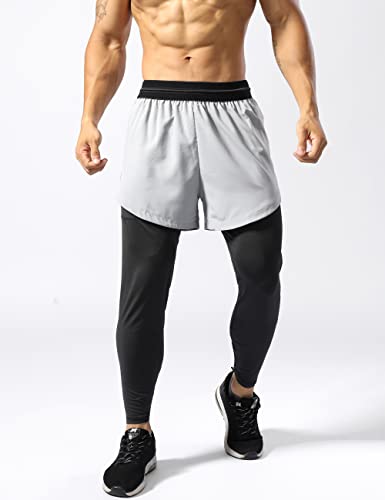 Muscle Alive Hombre 2 en 1 Deportivos Pantalones Leggings de compresión ​Fitness Pants Cortos Bolsillos para teléfono Pantalones Gris L