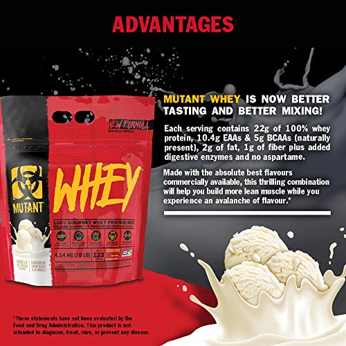 Mutant Whey - 100% proteína de suero en polvo, sabor gourmet, 22 g de proteína, 10,4 g de EAA, 5 g de BCAA, absorción rápida, fácil digestión, 2.27 kg - Crema de fresa