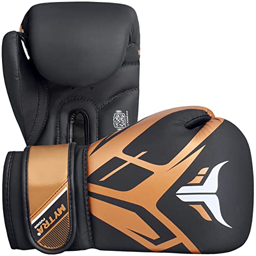 Mytra Fusion Guantes de boxeo para niños Guantes de boxeo para niños con palma ventilada MMA, Muay Thai, Sparring, Fighting, Punching Gloves (Black/Gold, 6-oz)