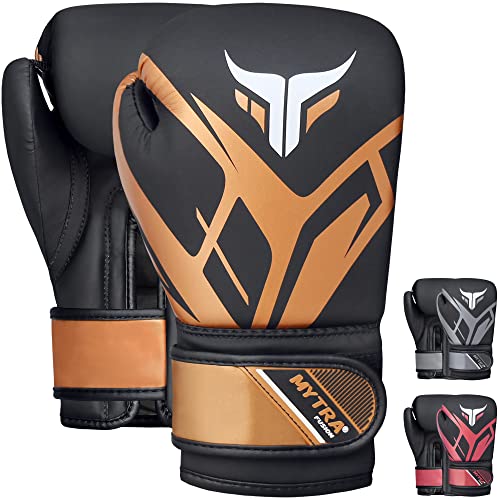 Mytra Fusion Guantes de boxeo para niños Guantes de boxeo para niños con palma ventilada MMA, Muay Thai, Sparring, Fighting, Punching Gloves (Black/Gold, 8-oz)