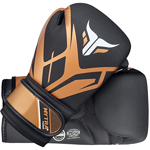 Mytra Fusion Guantes de boxeo para niños Guantes de boxeo para niños con palma ventilada MMA, Muay Thai, Sparring, Fighting, Punching Gloves (Black/Gold, 6-oz)