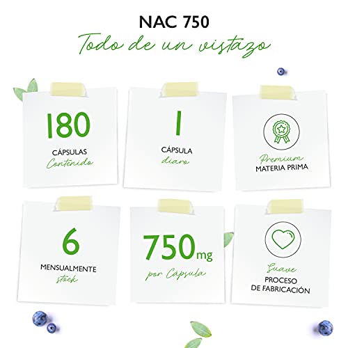 NAC - N-Acetil L-Cisteína 180 cápsulas con 750 mg cada una - Suministro para 6 meses - Vegano - Altamente dosificado - Sin aditivos no deseados