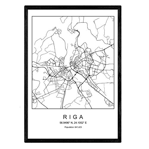 Nacnic Lámina Mapa de la Ciudad Riga Estilo nordico en Blanco y Negro. Poster tamaño A4 Sin Marco Impreso Papel 250 gr. Cuadros, láminas y Posters para Salon y Dormitorio