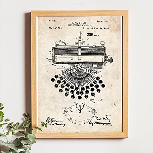 Nacnic Vintage - Pack de 4 Láminas con Patentes de Máquinas de Escribir. Set de Posters con inventos y Patentes Antiguas.