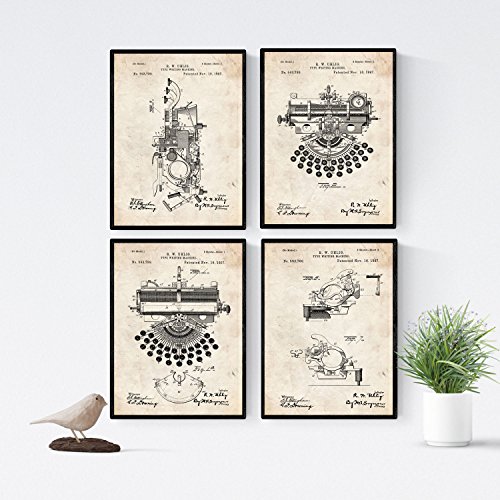 Nacnic Vintage - Pack de 4 Láminas con Patentes de Máquinas de Escribir. Set de Posters con inventos y Patentes Antiguas.