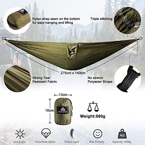 NatureFun Hamaca ultraligera para camping| 300kg de capacidad de carga, (275 x 140 cm) Estilo paracaídas de Nylon, transpirable y de secado rápido. 2 mosquetones premium, 2 eslingas de nylon incluidas