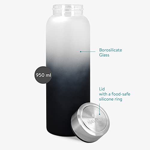 Navaris Botella de Agua de Cristal - Cantimplora de 950 ML de Vidrio borosilicato - Garrafa de 1 Pared con Tapa y Funda de Neopreno - Negro Degradado