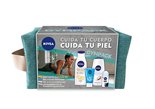 NIVEA Neceser Gimnasio Gympack, set para ella con desodorante roll on (1 x 50 ml), loción corporal (1 x 400 ml), limpiador facial (1 x 150 ml) y gel de ducha (1 x 750 ml)