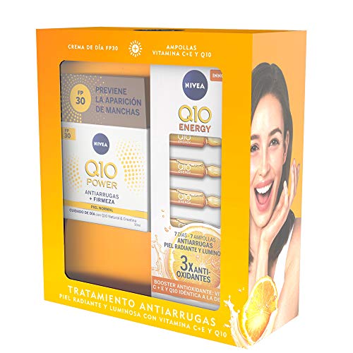 NIVEA Pack Q10 Tratamiento Antiarrugas, caja de regalo con crema de día FP30 (1 x 50 ml) y ampollas antiarrugas (7 uds), set para una piel radiante y luminosa