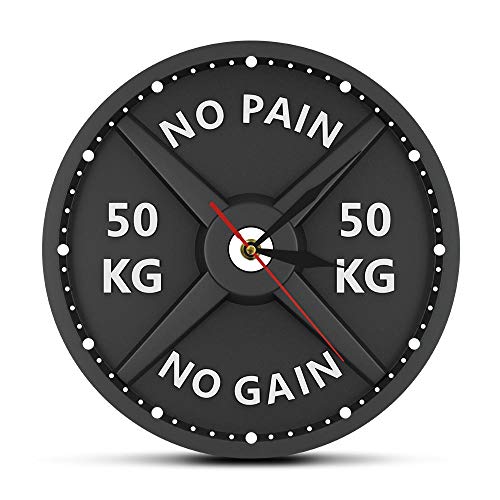NO Pain NO Gain 50KG Barbell 3D Reloj de Pared Moderno Levantamiento de Pesas Mancuernas Reloj de Pared para Culturismo Gimnasio Entrenamiento Strongman Gift (Sin Marco)