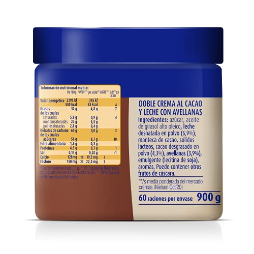 Nocilla Doble Crema de Cacao y Leche con Avellanas, Sin Aceite de Palma, 900g