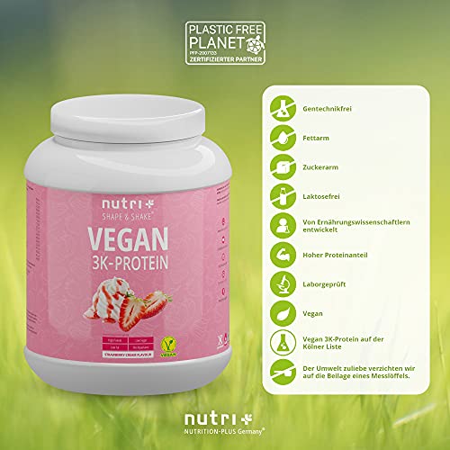 Nutri + Proteína en Polvo Vegana de Fresa y Nata 1kg 83,7% de Proteínas de Origen Vegetal Batido Vegano para Entrenamiento
