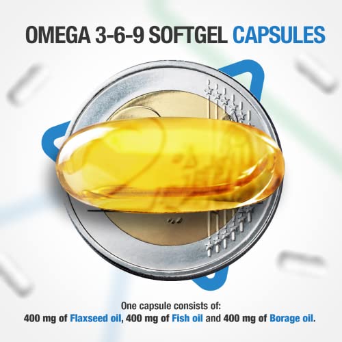 Omega 3 6 9 Capsulas 1200mg - 100 Cápsulas Softgel (3+ Meses de provisión), cada una con 1200 mg de Omega 3-6-9 Aceite de Pescado, Aceite de Borraja, Aceite de Linaza (Omega 369 Supplement)