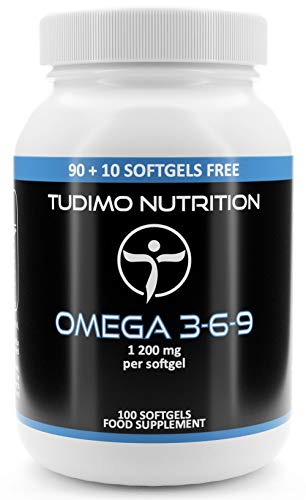 Omega 3 6 9 Capsulas 1200mg - 100 Cápsulas Softgel (3+ Meses de provisión), cada una con 1200 mg de Omega 3-6-9 Aceite de Pescado, Aceite de Borraja, Aceite de Linaza (Omega 369 Supplement)