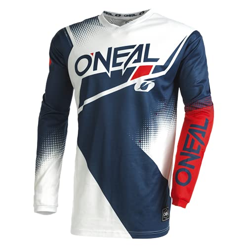 O'Neal | Maillot de Motocross de Manga Larga | MX Enduro | Protección Acolchada en los Codos, Cuello en V, Transpirable | Element Jersey Racewear V.22 | Adulto | Azul Blanco Rojo | Talla M