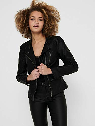 Only Leather Look Biker Jacket Chaqueta, Negro (Black), 38 para Mujer