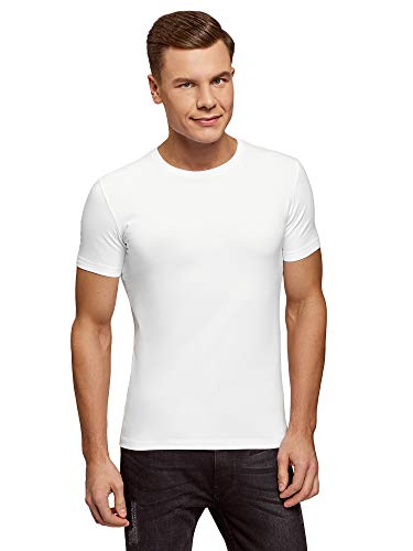 oodji Ultra Hombre Camiseta Básica Entallada, Blanco, XL