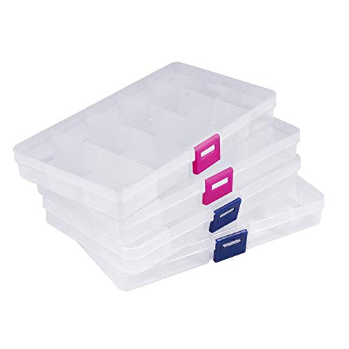 Opret 4 Pack Caja de Almacenamiento Transparente Caja Compartimentos de Plástico (15 Compartimentos) con Separadores Ajustables Organizador de Joyería Contenedor de Herramientas (Transparente)