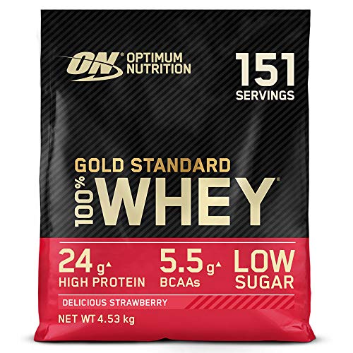 Optimum Nutrition Gold Standard 100% Whey Proteína en Polvo, Glutamina y Aminoácidos Naturales, BCAA, Fresa Deliciosa, 151 Porciones, 4,53kg, Embalaje Puede Variar