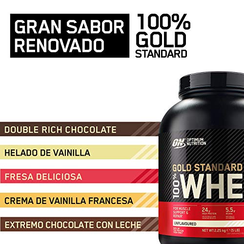 Optimum Nutrition Gold Standard 100% Whey Proteína en Polvo, Glutamina y Aminoácidos Naturales, BCAA, Sin Sabor, 75 Porciones, 2.25kg, Embalaje Puede Variar