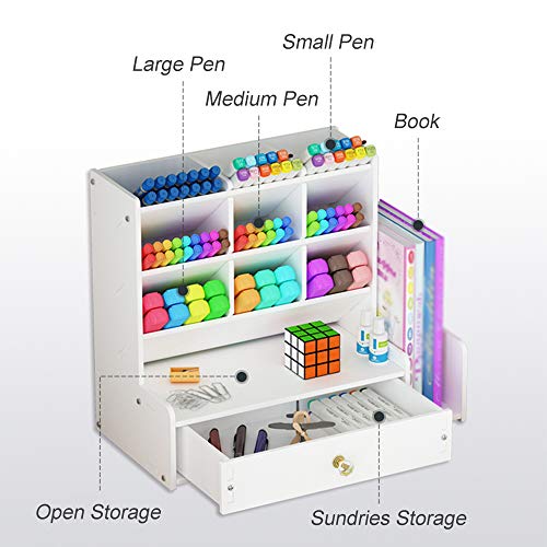 Organizador de escritorio con cajón, de color blanco y gran capacidad, para guardar bolígrafos y otros artículos de papelería, estante de almacenamiento para oficina, escuela y hogar
