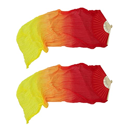 oshhni 1 Par de Abanicos de Seda para Danza Del Vientre Velos Abanico Largo Plegable 180x90cm - Rojo + amarillo, tal como se describe