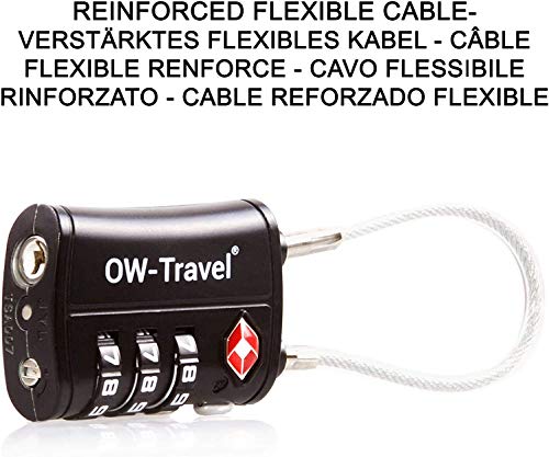 OW-Travel Candado Combinacion Cable Acero Flexible Anti robo. Candado maleta TSA numerico 3 Digitos. Candados mochila y maletas. Candado Taquilla Gimnasio. TSA candado seguridad equipaje Negro 1