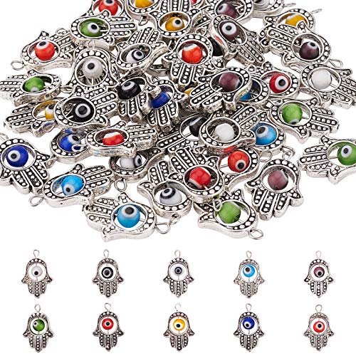 PandaHall 50 abalorios de plata envejecida con 10 cuentas de color de ojo maligno con símbolo de la mano de Fátima, cuentas de mano para hacer joyas y collares de bricolaje
