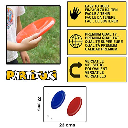 Partituki Pack de 2 Discos Voladores para Niños muy Fáciles de Sujetar. Mucho más Seguros que los Frisbees Estándar. Anillos Voladores. Colores: Azul y Rojo.